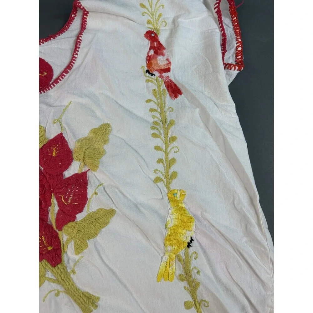 Hand Embroidered Mexican Bird Floral Tunic Blouse White Cotton Boho Folk Est Lg